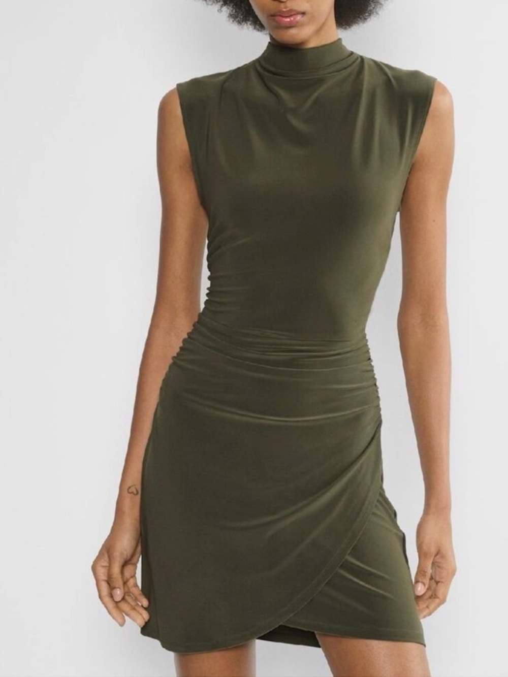 Aritzia Wilfred Boulevard Mockneck Ruched Wrap Mini Dress Olive New NWOT
